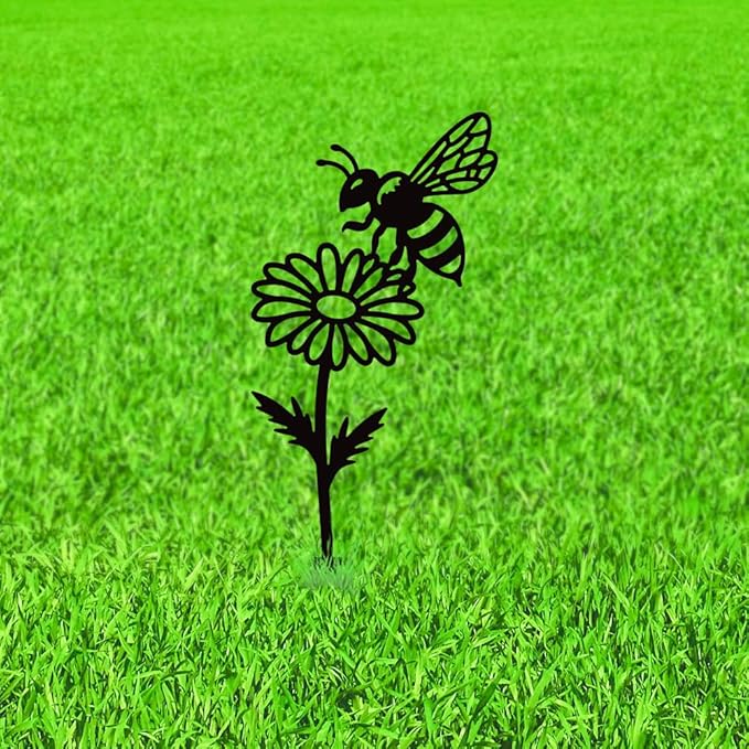 WADORN Wild Daisy Flower Bee Metal Decorative Garden Stakes, Funny Flower Insect Metal Silhouette Statues Funny Garden Ornament Gifts Black Yard Art Decor for Outdoor Backyard Patio Lawn Walkways