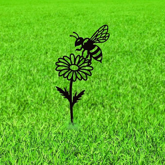 WADORN Wild Daisy Flower Bee Metal Decorative Garden Stakes, Funny Flower Insect Metal Silhouette Statues Funny Garden Ornament Gifts Black Yard Art Decor for Outdoor Backyard Patio Lawn Walkways