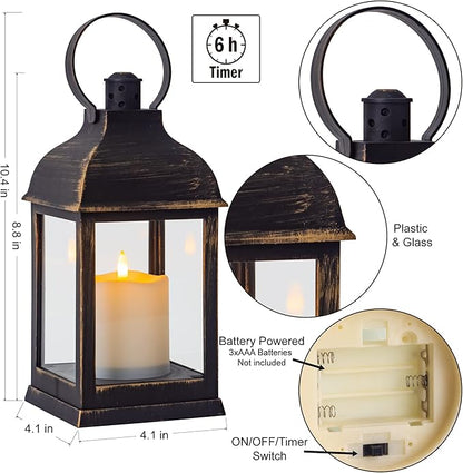 Vintage Lantern Decorative LED Flickering Flameless Candle with Timer, Battery Powered LED Decorative Hanging Golden Brushed Black Lanterns for Indoor Outdoor Garden Yard Home Decor(4 Pack)