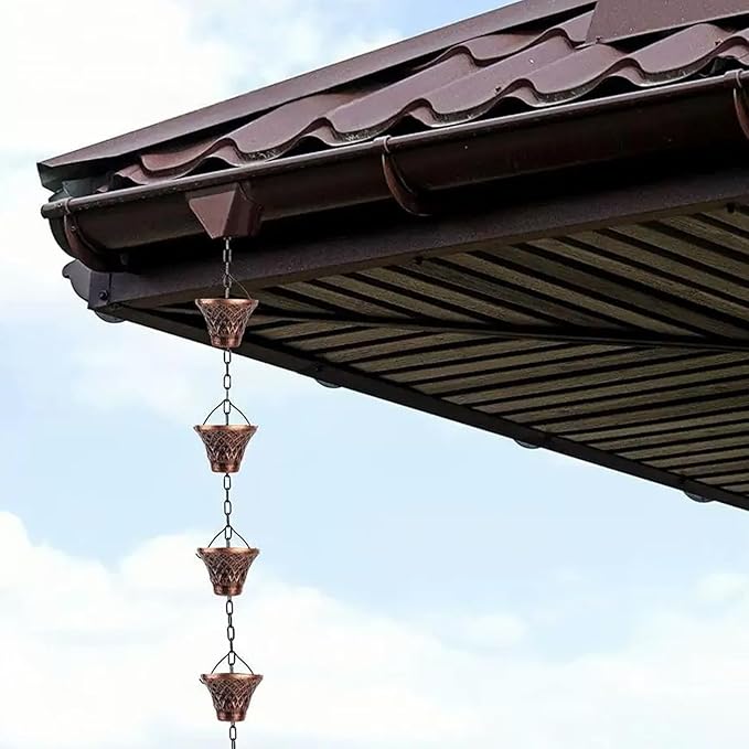 Pure Copper Garden Rain Chain 9FT Decorative Downspout Extension with 12 Cups for Roof Garden Gazebo Drainage Water Flow Outdoor Home Decor