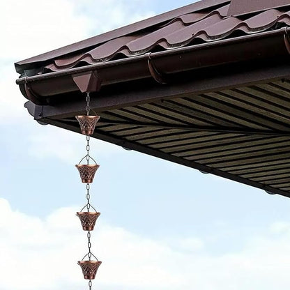 Pure Copper Garden Rain Chain 9FT Decorative Downspout Extension with 12 Cups for Roof Garden Gazebo Drainage Water Flow Outdoor Home Decor