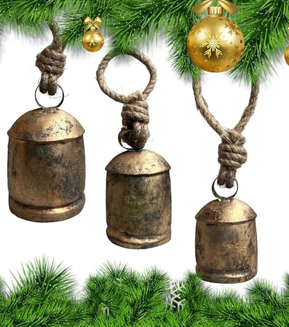 Mango Gifts Handmade Rustic Iron Tin Metal Vintage Harmony Bells Rustic Brass Country Style Large Bell Relaxing Tranquil Wind Chimes Christmas Hanging, Bells on Rope Set of 3 Pieces