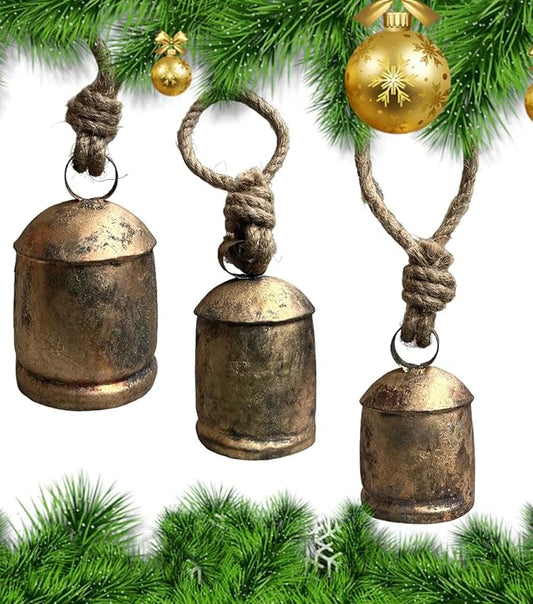 Mango Gifts Handmade Rustic Iron Tin Metal Vintage Harmony Bells Rustic Brass Country Style Large Bell Relaxing Tranquil Wind Chimes Christmas Hanging, Bells on Rope Set of 3 Pieces