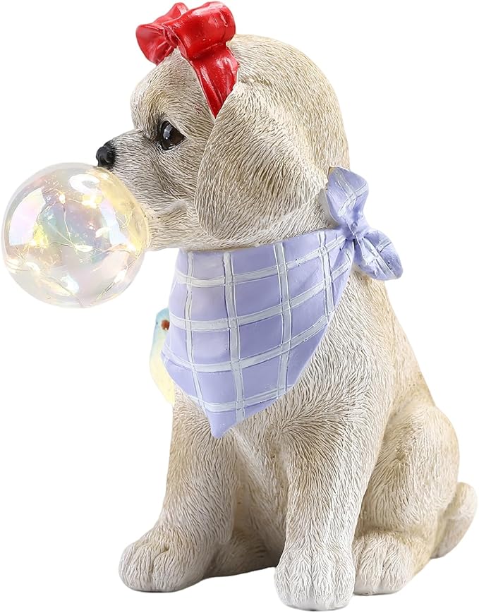 9.4" Solar Dog Garden Statue with Bubble Light, Cute Sitting Puppy Resin Outdoor Decor with Bird Light, Waterproof Solar Powered Animal Statue for Yard, Lawn, Garden