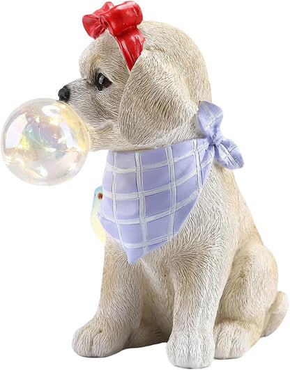 9.4" Solar Dog Garden Statue with Bubble Light, Cute Sitting Puppy Resin Outdoor Decor with Bird Light, Waterproof Solar Powered Animal Statue for Yard, Lawn, Garden