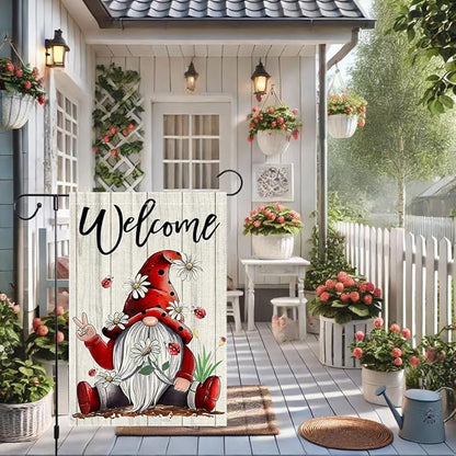Welcome Garden Flag 12x18 Inch Double Sided with Spring Gnome, Daisies, Ladybugs, and Wooden Fence for Outdoor Yard Decoration