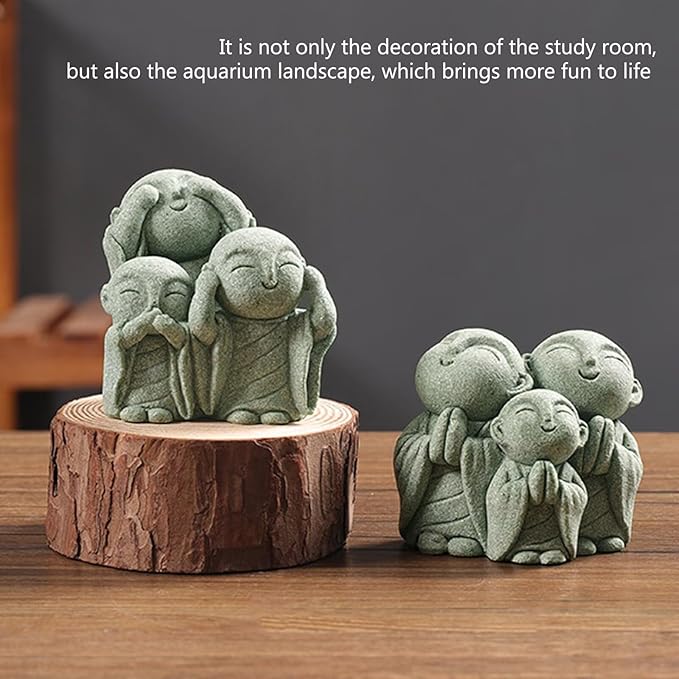 Mini Monk Buddha Statue Green Sandstone Statues Zen Monk Praying Statue Sculptures for Wealth Good Luck Feng Shui Decor Home Fish Tank Aquarium Garden (Style 1)