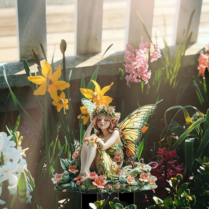 Flower Fairy Garden Stake Decor, 2D Flat Acrylic Elf Garden Sign with Stake, Fairy with Magic Sign for Indoor Outdoor Yard Lawn Balcony Pot Plants (Green Flower Fairy)