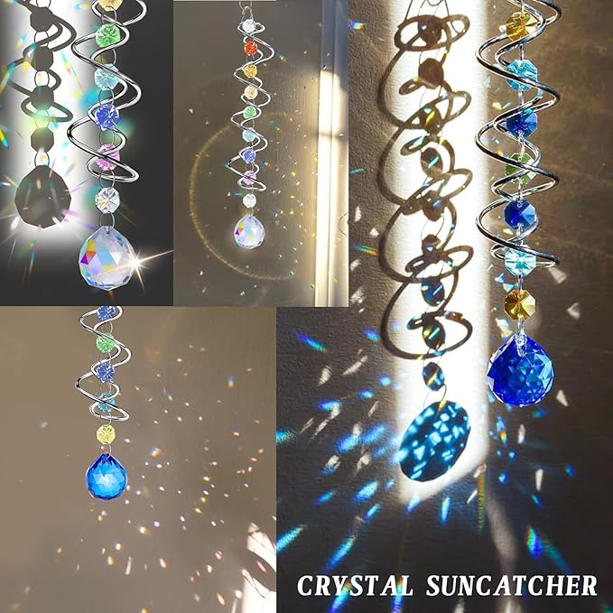 2 Pack Crystal Sun Catcher,Colored Suncatcher for Window Hanging Double Spiral Design,Wind Spinner Gazing Prism Ball Spiral Tail,Rainbow Maker for Yard Garden Indoor Home Outdoor Decor Party Gifts