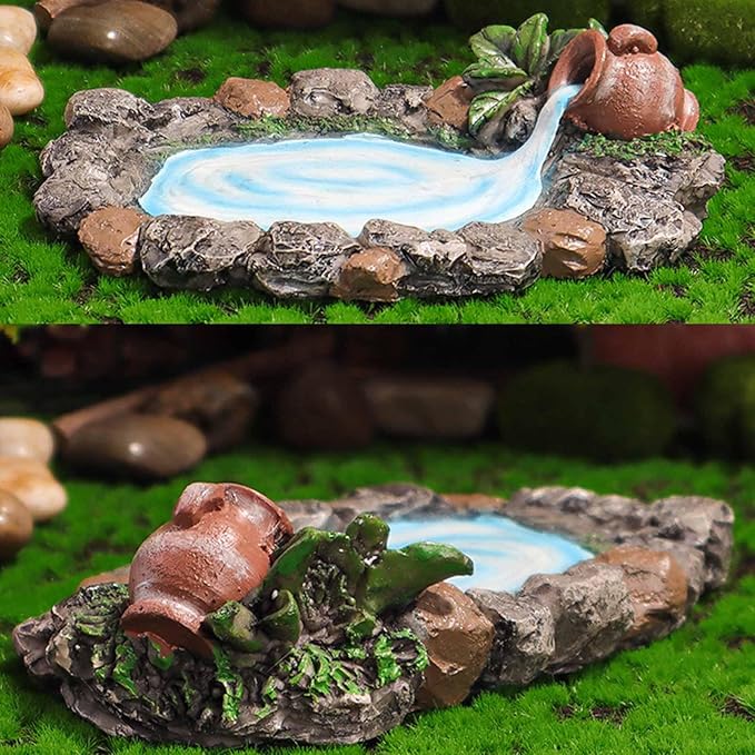 Fairy Garden Rock Pond 6.5in Long Hand Painted Lifelike Durable Resin Miniature Pond for Home Micro Landscape Decoration Miniature Garden Accessories