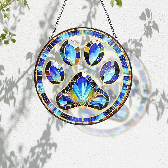 Dog Cat Paw Print Suncatcher Stained Glass Window Hanging - Handmade Dog Paw Suncatchers for Windows Hanging - Sun Catchers Indoor Wall Decor Glass Panel Memorial Catcher Remembrance Birthday Gift