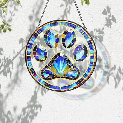 Dog Cat Paw Print Suncatcher Stained Glass Window Hanging - Handmade Dog Paw Suncatchers for Windows Hanging - Sun Catchers Indoor Wall Decor Glass Panel Memorial Catcher Remembrance Birthday Gift