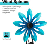 Glitzhome Wind Spinners Outdoor Windmill, 44 Inch Blue Metal Flower Wind Spinner Yard Stake with Hand Painted Glossy Finish, Outdoor Garden Lawn Patio Flowerbed Decor