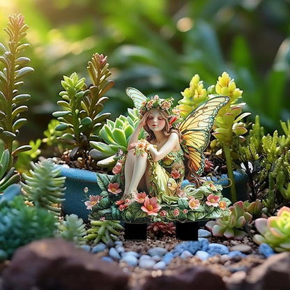 Flower Fairy Garden Stake Decor, 2D Flat Acrylic Elf Garden Sign with Stake, Fairy with Magic Sign for Indoor Outdoor Yard Lawn Balcony Pot Plants (Green Flower Fairy)