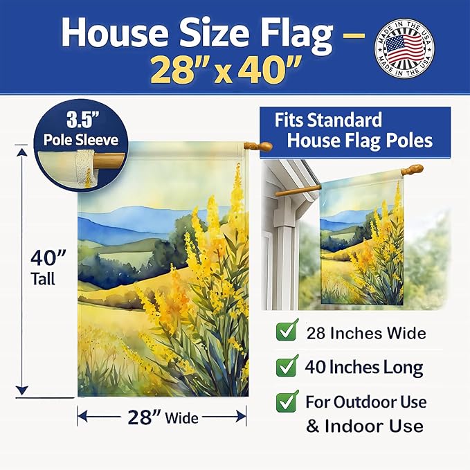 Caroline's Treasures Kentucky Goldenrod in Watercolor House Flag Large Porch Sleeve Pole Decorative Outside Yard Banner Artwork Wall Hanging, Polyester, House Size, Multicolor