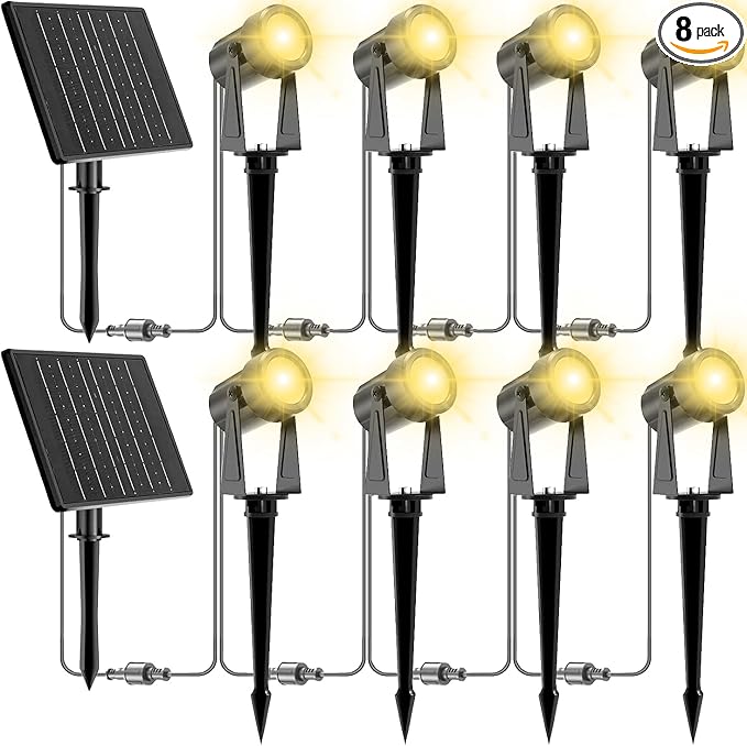 ZYAN Solar Landscape Spotlights, Separate Panels and USB-C Powered 10800mAh Auto On Off Dusk to Dawn, Outdoor IP65 Waterproof Spotlights, Warm White for Yard Path Patio (8 Pack)