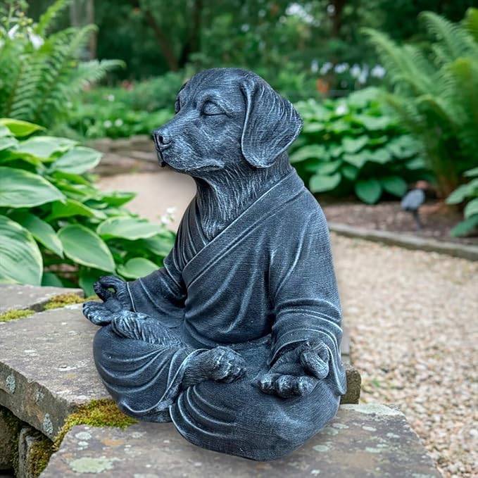OLOMA Zen Inspired Dog Statue Solid Concrete Stone Sculpture Heavy Protective Resin Coating Outdoor Indoor Garden Decorative Accent for Modern Meditation Interiors Decorative Garden Accent Feature