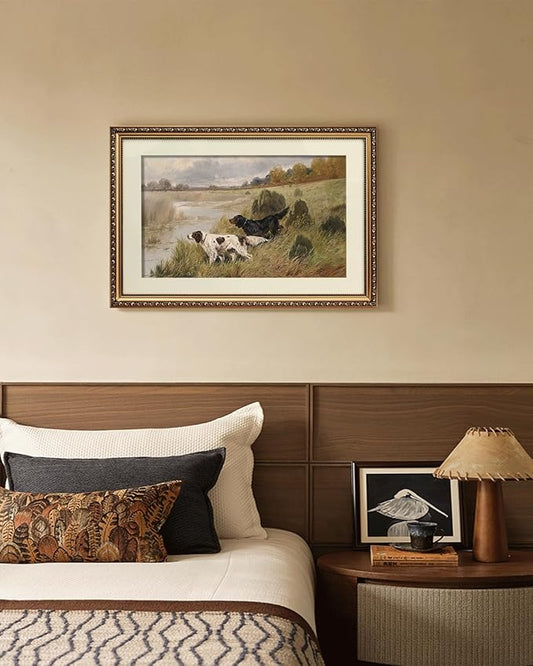 ARPEOTCY Vintage Gold Framed Large Wall Art, Retro River Dog Landscape Paintings, Canvas Prints Artwork with Antique Frame, Victorian Wall Picture Decor for Room Gallery Living Room, 16x24 inch