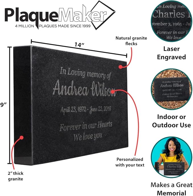 Customized In Loving Memory Black Granite Memorial or Sympathy Gift. Offered in a Variety of Sizes to Meet your Needs and Budget (14 x 9 x 2")