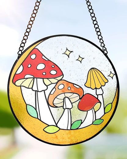 Tuitessine Mushroom Stained Glass Suncatcher, Hand-Painted Toadstools Window Hanging Decorative Glass Panel for Home & Garden, Boho Nature Gift for Women & Housewarmings