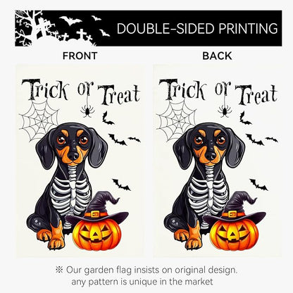 Halloween Garden Flags Trick or Treat Ghost Dog Yard Flag for Outside Decor Pumpkin Bat Spider Web Garden Flag Holiday Rottweiler Skeleton House Banner Outdoor Decoration for Home 12 x 18 Inch