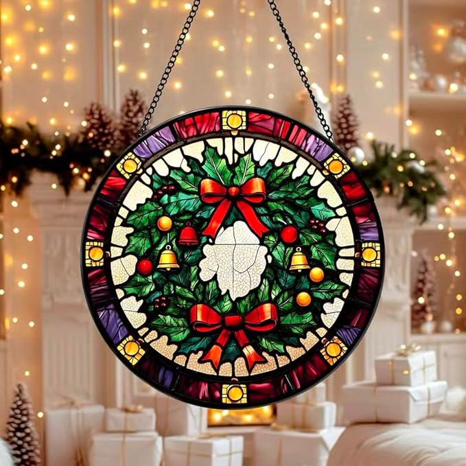 Stained Glass Window Hanging - Christmas Wreath Ornament 6.3 Inches Suncatcher for Garden Home Decor for Women Mon Grandma Friends