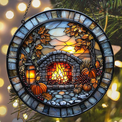 Cozy Autumn Fireplace Acrylic Suncatcher Stained Glass Effect Window Car Hanging Christmas Ornament Indoor Outdoor Decor Garden Sun Catcher Panel for Halloween Lover for Women Mom Grandma