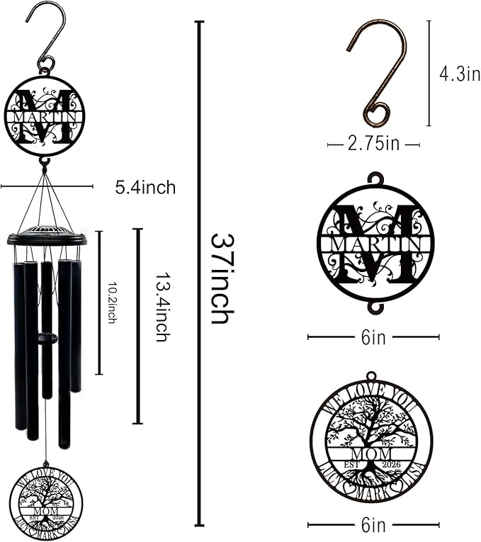 Personalized Mother's Day Wind Chimes with Custom Metal Signs, Tree of Life Mom Wind Chime with Family Name & Kids Names, Outdoor Garden Hanging for Mom