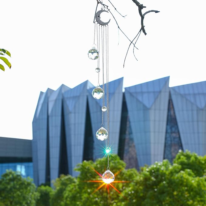 20.5inch Hanging Clear Crystal Suncatcher Ornaments with Moon Decor Rainbow Maker Crystal Beads Ball Prisms Ornament for Christmas Tree