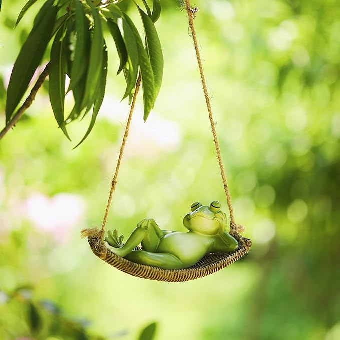 Frog Statues for Garden Outdoors Hanging Sleeping Frog Sculptures Swing Home Décor (Viridity)