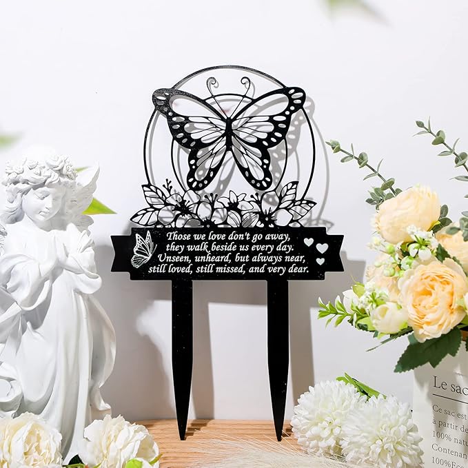 Geelin Butterfly Memorial Stake Decorations for Dad Cemetery Memorial Plaques for Grave Butterfly Metal Grave Marker Black Sympathy Garden Stake for Outdoor Yard, 13.78 x 8.66 x 0.04 Inch