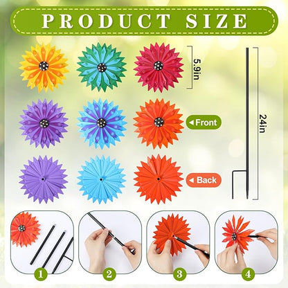 Suncalla 6 Pcs Metal Flowers Stakes Garden Decor for Outside 24 Inch Colorful 3D Zinnia Flowers Yard Art Decor for Spring Outdoor Lawn Porch Pathway Patio Decoration