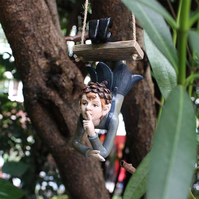 Swinging Fairy Garden Statue, Resin Hanging Ornament for Outdoor Trees, Patio and Yard Decor All Weather Fairy on a Swing Figurine for Fantasy Garden Displays (Brown)