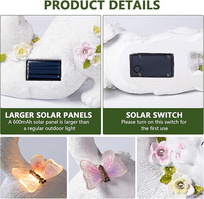 Solar Garden Statue Cat Figurine, Resin Solar Lights with Flower Decor for Outside, Yard Art Patio Balcony Lawn Decorations, Unique Gifts for Mom Grandma Women and Cat Lover (White)