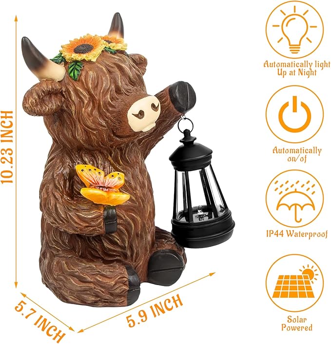 Solar Highland Cow Outdoor Statues for Garden,Outside Decor with Latern for Yard Lawn Ornaments Porch Patio Balcony Home,Birthday Easter Gifts for Grandma Mom Women