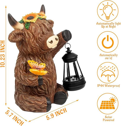 Solar Highland Cow Outdoor Statues for Garden,Outside Decor with Latern for Yard Lawn Ornaments Porch Patio Balcony Home,Birthday Easter Gifts for Grandma Mom Women