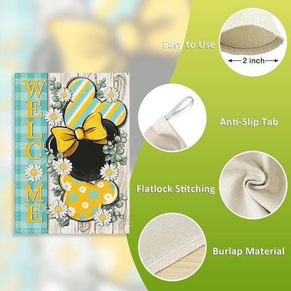 Welcome Spring Decorative House Flag, Daisy Flower Yellow Teal Plaid Stripes Garden Yard Outside Decorations, Summer Farmhouse Outdoor Large Home Decor Double Sided 28 x 40
