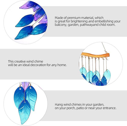Wind Chimes Blue Glass Leaves, Garden Wind Chime for Home, Party, Festival Decor, Glass Garden Patio Yard Porch Decoration Indoor/Outside, Lifelike Leaf Style