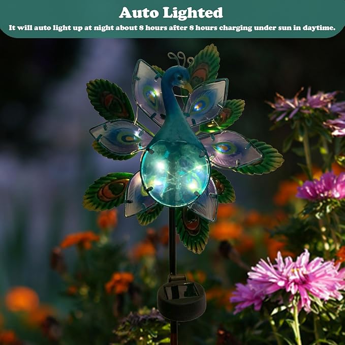 Peacock Wind Spinner Garden Decor, Solar Lighted Pathway Stake Yard Art Spinners, Wind Sculptures Garden Landscape Lights Decorations, Solar Powered Path Lights Kinetic Metal Wind Catcher for Outside
