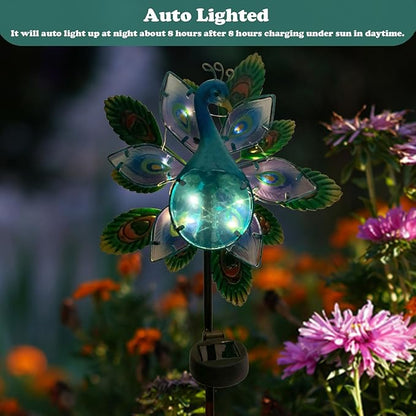 Peacock Wind Spinner Garden Decor, Solar Lighted Pathway Stake Yard Art Spinners, Wind Sculptures Garden Landscape Lights Decorations, Solar Powered Path Lights Kinetic Metal Wind Catcher for Outside