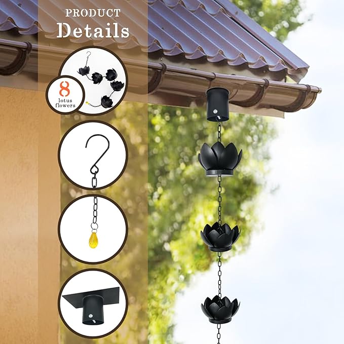8.5Ft Metal Lotus Rain Chain for Gutters, Rust-Resistant Outdoor Rain Catcher with Hanging Gutter Adapter, Perfect for Heavy Rain, Indoor/Outdoor Decoration, Dark Bronze Finish