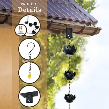 8.5Ft Metal Lotus Rain Chain for Gutters, Rust-Resistant Outdoor Rain Catcher with Hanging Gutter Adapter, Perfect for Heavy Rain, Indoor/Outdoor Decoration, Dark Bronze Finish