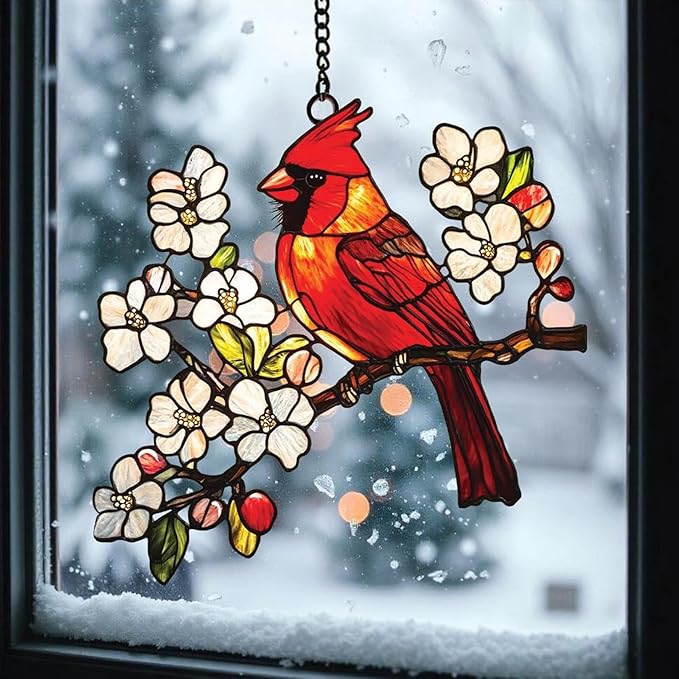 Cardinal Flower Acrylic Suncatcher Hanging Christmas Ornament Stained Glass Effect Window Car Indoor Outdoor Decor Garden Sun Catcher Gifts Nature Lover Decorations for Women Mom Grandma