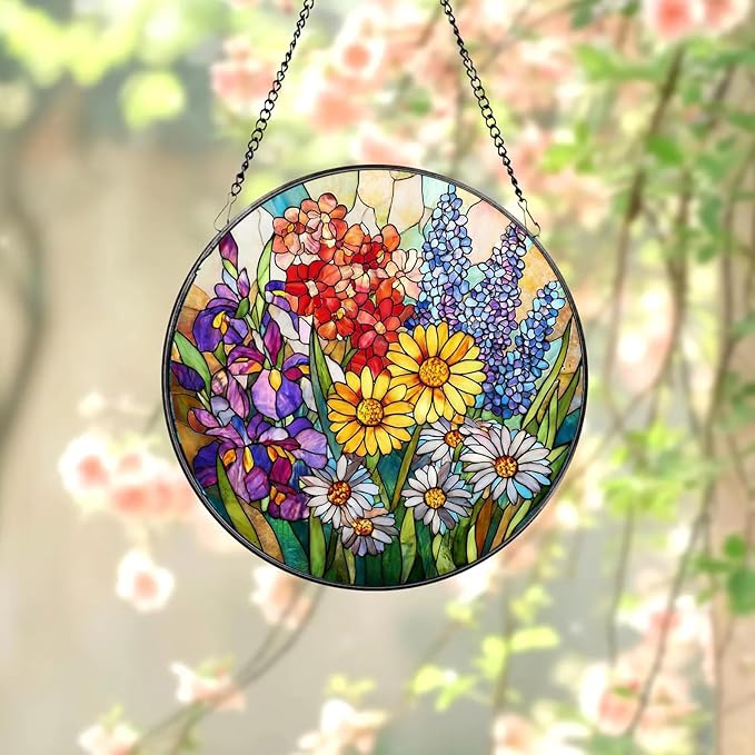 Stained Glass Window Hanging Sun Catcher 7.8 in, Colorful Wildflowers Glass Panel Suncatcher Indoor Window Decor Gift for Women, Men, Wife, and Mom