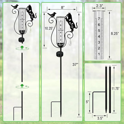 Rain Gauge Outdoor,Decorative Metal Black Cat and Bird Solar Light Stake with Rain Gauges Best Rated for Yard,Garden,Lawn, Pathway, 7" Glass Tube
