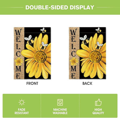 AVOIN colorlife Spring Summer Bee Sunflower Garden Flag 12x18 Inch Double Sided, Welcome Holiday Burlap Yard Outdoor Decoration