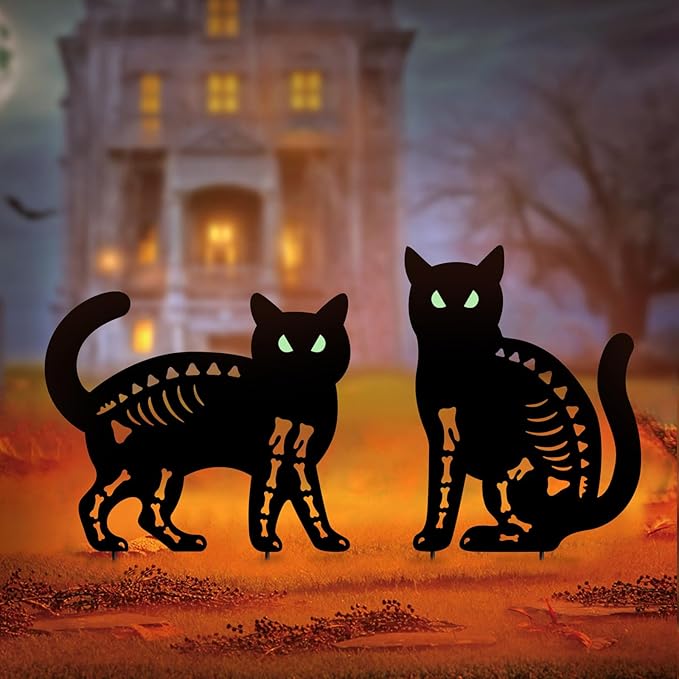 Halloween Decorations Outdoor,2 Pack Spooky Metal Black Cat Garden Stake,Outdoor Halloween Decorations