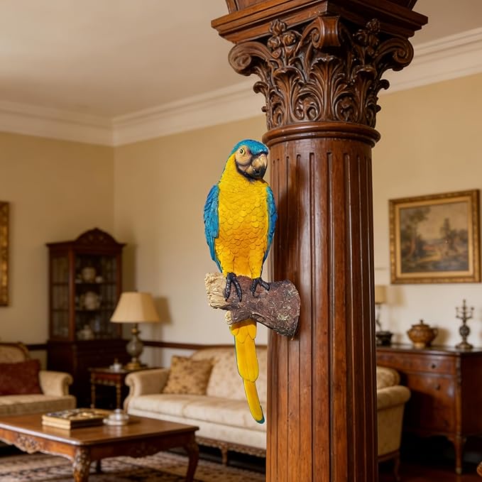 Tropical Parrot Statues Hanging Decor,13.6''(H) Wall Decor Parrot Sculpture for Home Porch Patio Door,Resin Macaw Statue Outdoor Garden Yard Tree Art Ornaments(Blue-and-Yellow)