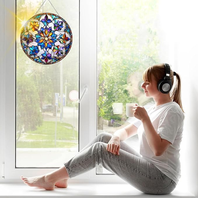 VAIIEYO Flower Sun Catcher Stained Glass Window Hanging Ornament, Handmade Sun Catcher Plant Decoration with Hooks for Window Garden Home, Mother's Day & Birthday Housewarming Gift (7.8 inch)