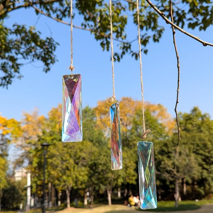 Iridescent Crystal Prism Suncatcher,3pc Rectangular DIY suncatcher for Windows Hanging,Sparkling Crystal Chandelier penadant for Home,Windows, car Decor,Chakra, Gardens